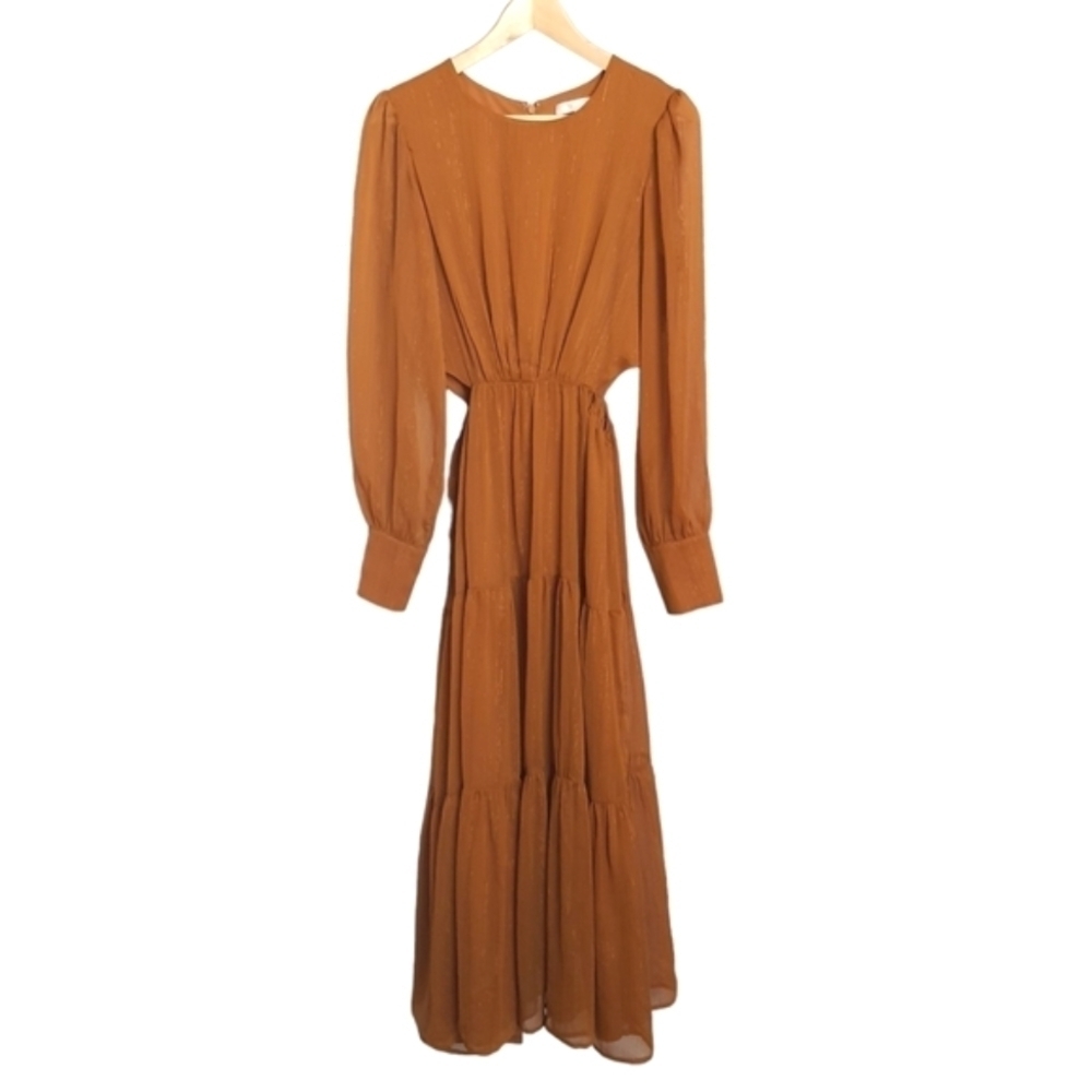WAYF Side Cutout Long Sleeve Maxi Dress M Ruffle Shimmer Orange Stretch Waist
